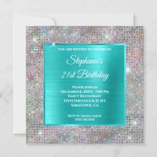 Invitation Turquoise holographique diamant studded foil Anniv