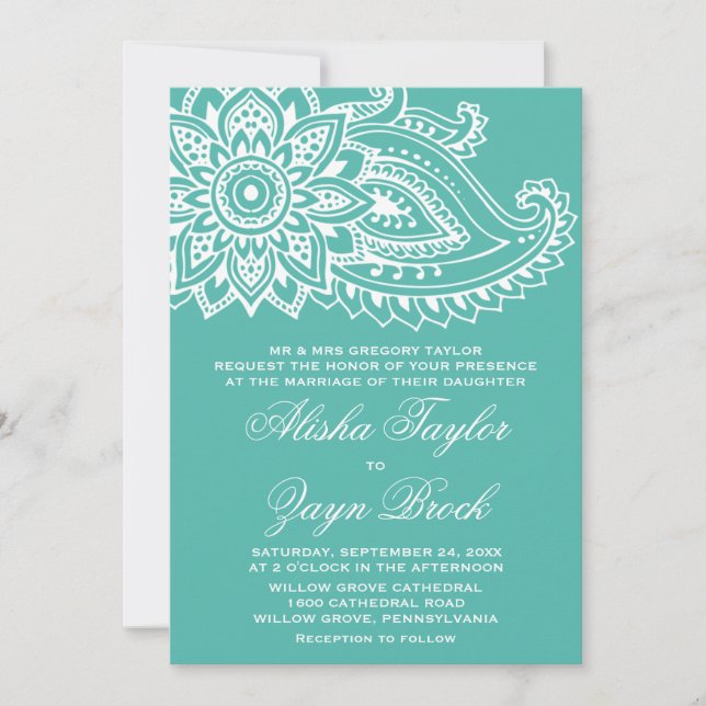 Invitation Turquoise Indien Paisley Mariage officiel (Devant)