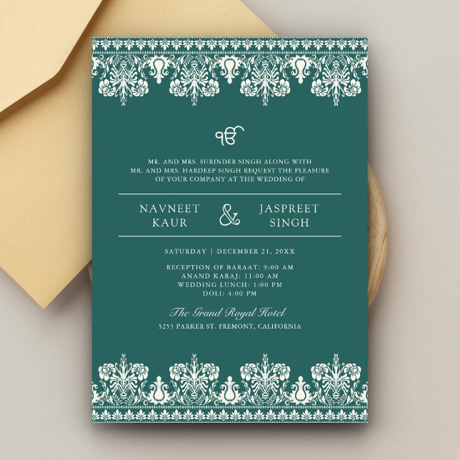 Invitation Turquoise ivoire Damask frontière Anand Karaj Sikh (Créateur téléchargé)