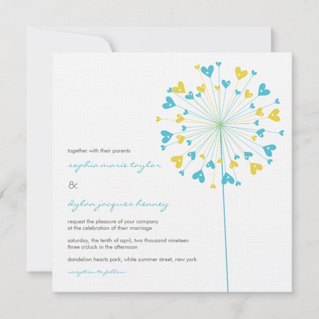 Invitation Turquoise Jaune Dandelions Amour Mariage Inviter (Devant)
