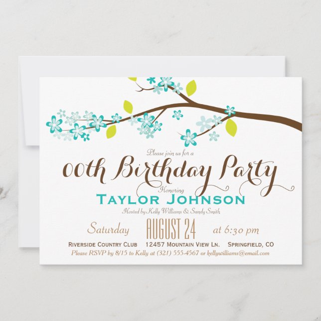 Invitation Turquoise, Lime, Branche Brown Anniversaire (Devant)