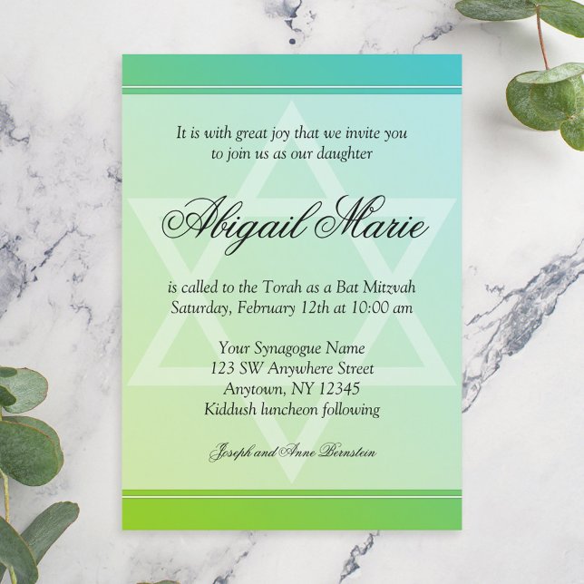 Invitation Turquoise Lime Green Star de David Bat mitzvah (Créateur téléchargé)