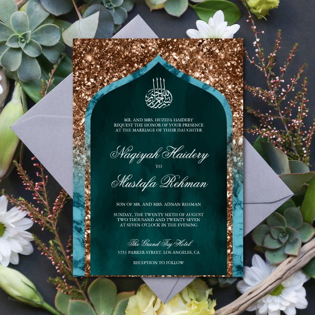 Invitation Turquoise Marbre Bronze Parties scintillant Arche  (Créateur téléchargé)