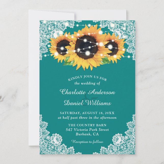 Invitation Turquoise Mariage de tournesol en dentelle russe (Devant)