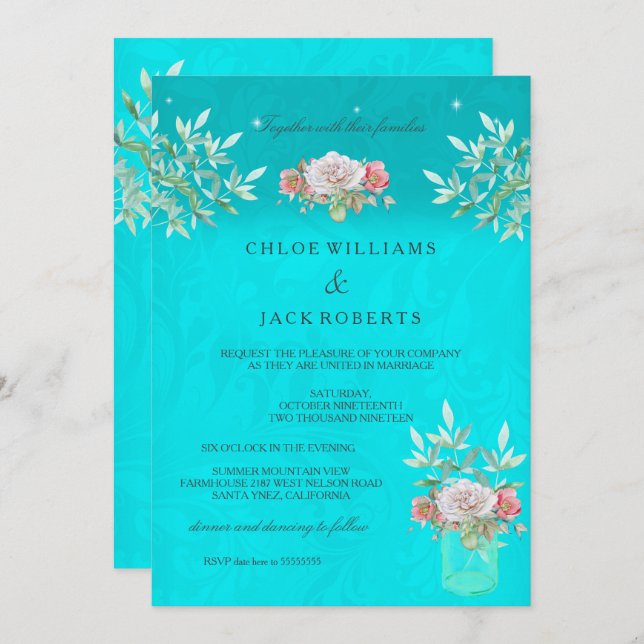 Invitation Turquoise mariage Floral Mason Jar Rose Rose Rose  (Devant / Derrière)