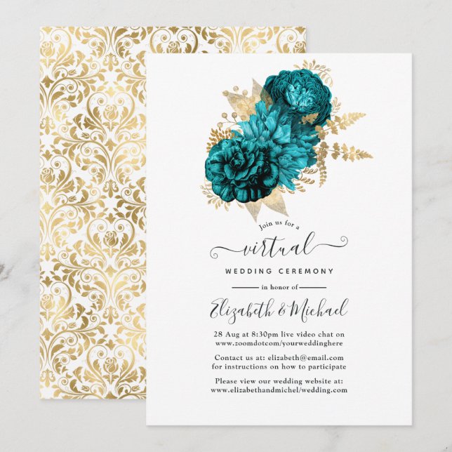 Invitation Turquoise - Mariage Floral Or et Sarcelle (Devant / Derrière)