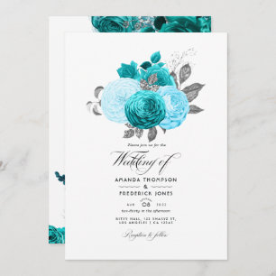 Invitation Turquoise - Mariage floral turquoise et argenté