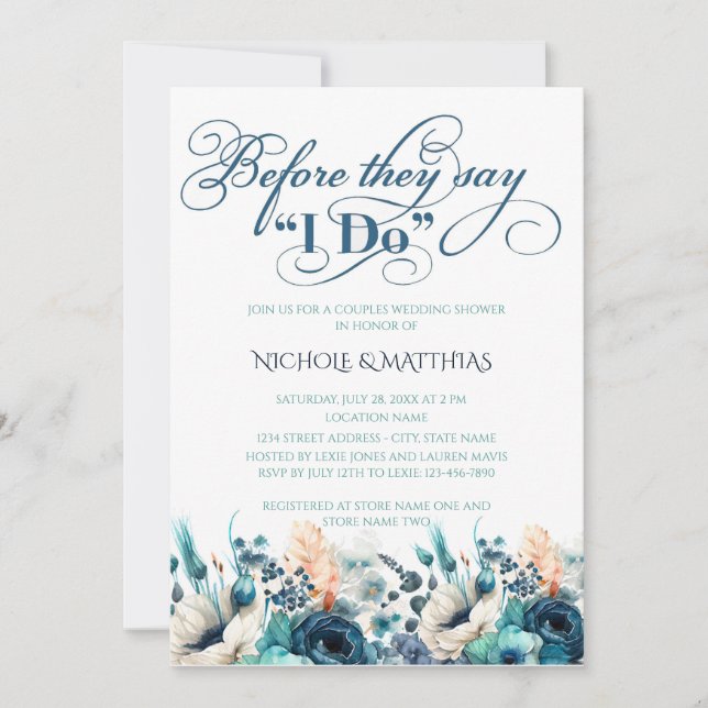 Invitation Turquoise Marine Blue Floral Couples Wedding showe (Devant)