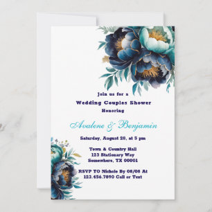 Invitation Turquoise Marine Blue Peony Mariage Couples Douche