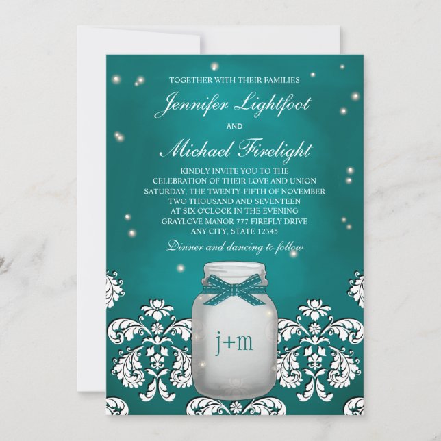 Invitation Turquoise Mason Jar aux lucioles Mariage (Devant)