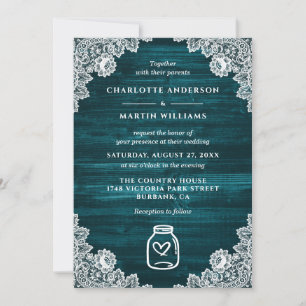 Invitation Turquoise Mason Jar Dentelle florale Mariage en bo