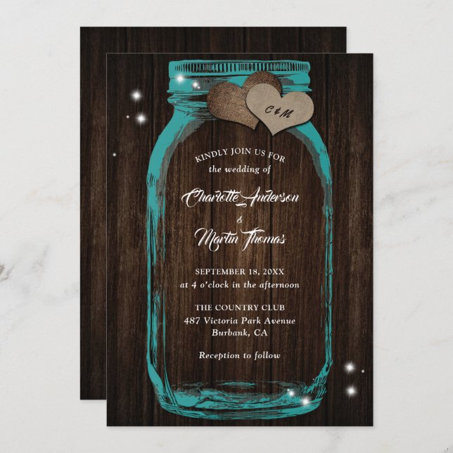 Invitation Turquoise Mason Jar Mariage en bois rustique (Devant / Derrière)