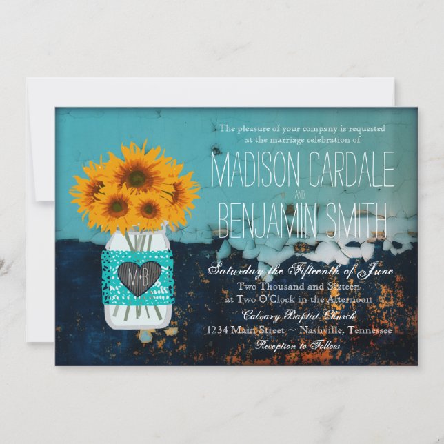 Invitation Turquoise Mason Jar Tournesols Mariage rustique In (Devant)