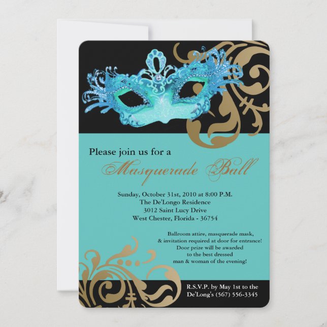 Invitation Turquoise Masquerade Masque Masque Costume de bal  (Devant)