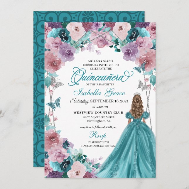 Invitation Turquoise & Mauve Coucher de soleil Quinceanera Pr (Devant / Derrière)