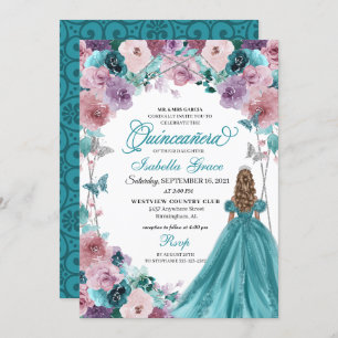 Invitation Turquoise & Mauve Coucher de soleil Quinceanera Pr