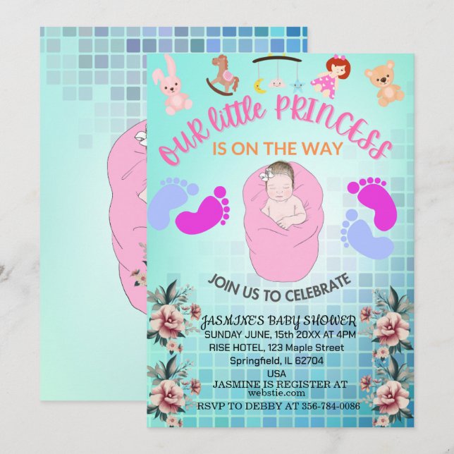 Invitation Turquoise Moderne Boho Floral Princesse Bébé Fille (Devant / Derrière)