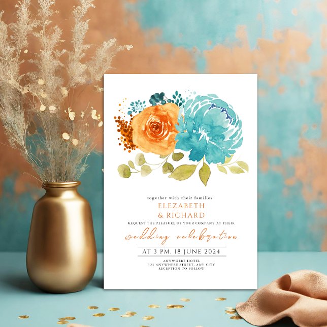 Invitation Turquoise moderne Burange Marigold Floral Mariage (Créateur téléchargé)