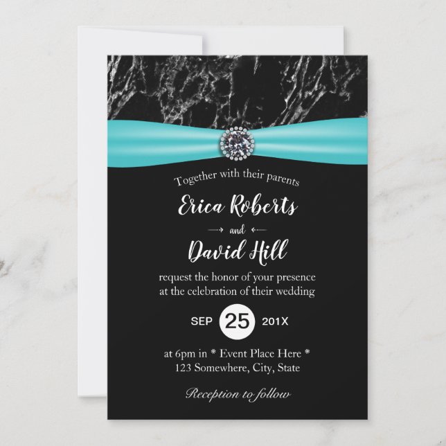 Invitation  Turquoise moderne Mariage en marbre noir (Devant)