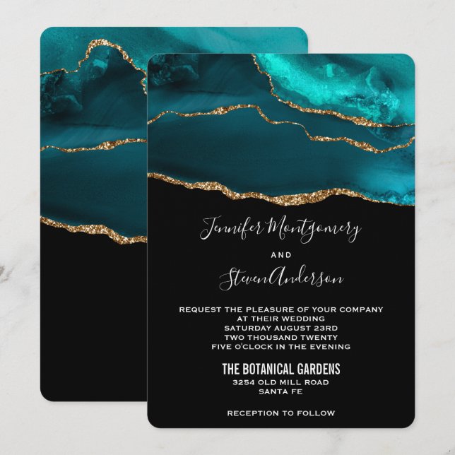 Invitation Turquoise moderne & Or Agate Pierre Mariage Abstra (Devant / Derrière)