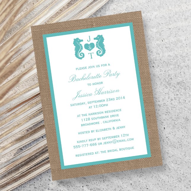 Invitation Turquoise Monogram Seahorse Beach Bachelorette (Créateur téléchargé)