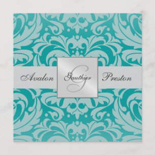 Invitation Turquoise Monogramme Mariage damassé