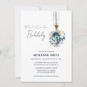 Invitation Turquoise Navy Blue Floral Brunch et Bubbly