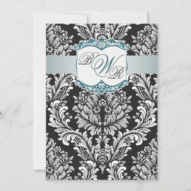 Invitation turquoise noir blanc Damas, Mariage Monogrammes (Devant)