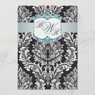 Invitation turquoise noir blanc Damas, Mariage Monogrammes