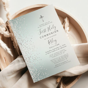 Invitation Turquoise Ombre Confettis Première Sainte Communio