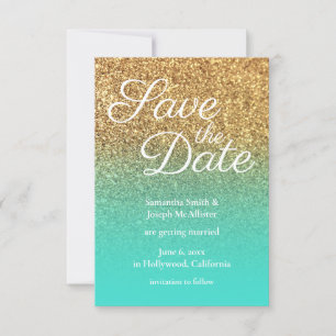 Invitation Turquoise Ombre Paillettes Dorées Photo Save the D