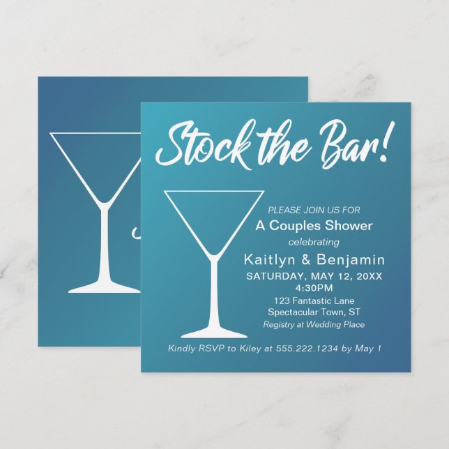 Invitation Turquoise Ombre Stock Bar Script Couples Douche (Devant / Derrière)