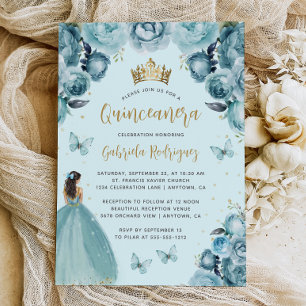 Invitation Turquoise Or Fleur Florale Aquarelle Quinceañera