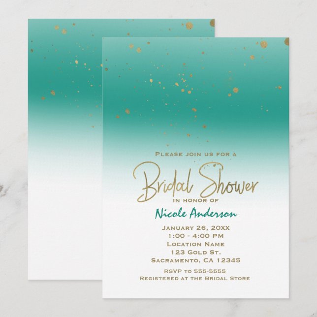 Invitation Turquoise & Or moderne FÊTE DES MARIÉES de glam Él (Devant / Derrière)