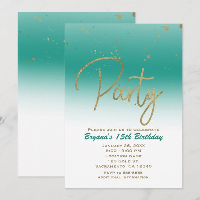 Invitation Turquoise & Or moderne Glam Confetti fête d'annive (Devant / Derrière)