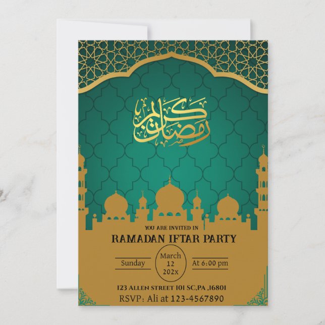 Invitation Turquoise & Or musulman islamique Ramadan Iftar Pa (Devant)