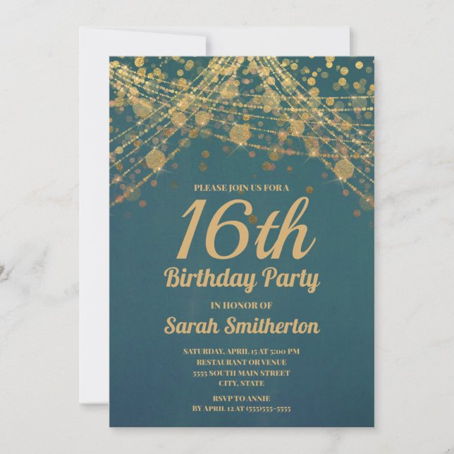 Invitation Turquoise or Parties scintillant String lumières S (Devant)