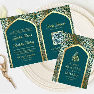 Invitation Turquoise or perse Arch QR Code Musulman Mariage