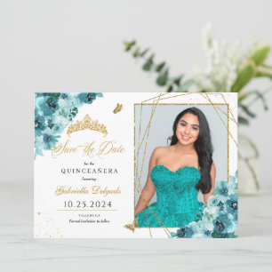 Invitation Turquoise & Or Quinceañera Enregistrer La Date Pho