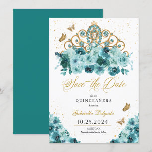 Invitation Turquoise & Or Tiara Enregistrer La Date Quinceañe