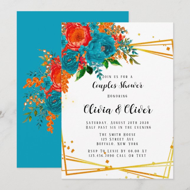 Invitation Turquoise Orange Botanique Florales Or Couples Dou (Devant / Derrière)
