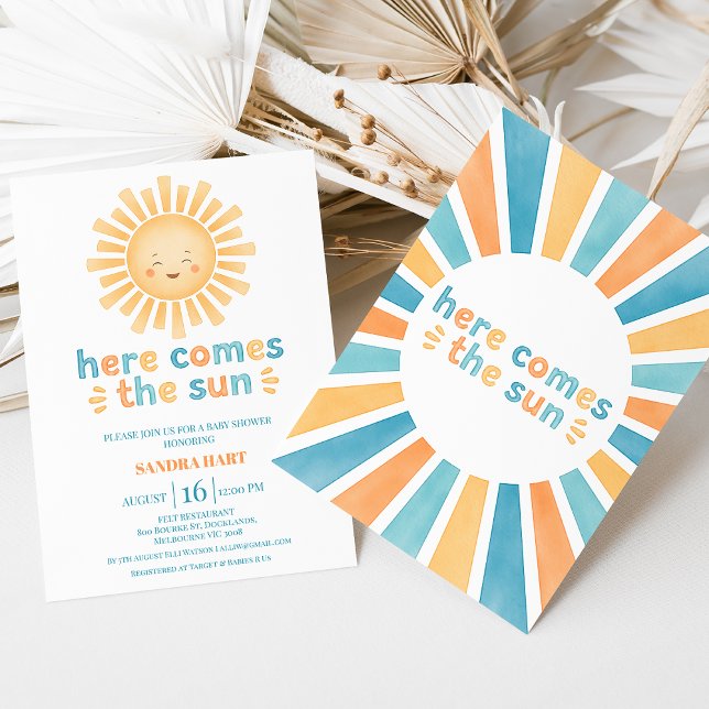 Invitation Turquoise Orange Moderne Voici Le Baby shower Son (Here Come The Son Baby Shower Invitation Template, Modern Retro, Sun Themed Baby Shower invitation)