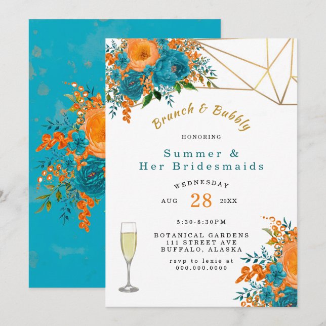 Invitation Turquoise orange peint à la florale Brunch et Bubb (Devant / Derrière)
