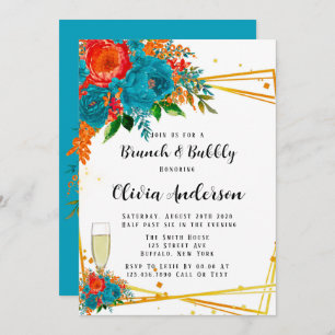 Invitation Turquoise Orange Red Florals Gold Brunch et Bubbly