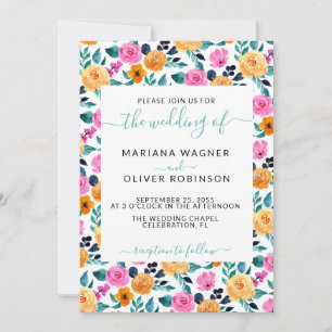 Invitation Turquoise Orange rose simple Floral Élégant Script