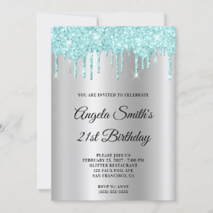 Invitation Turquoise Pailleté Lumineux Glitter Gouttes Ombre