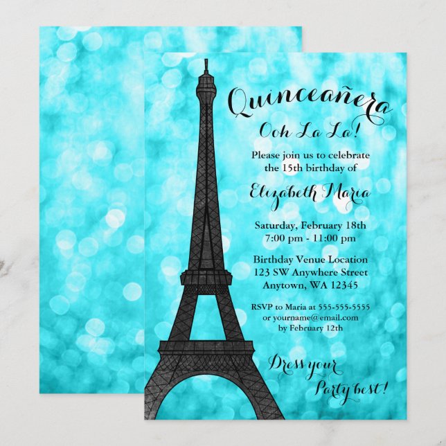 Invitation Turquoise Paris Bokeh Parties scintillant Lumières (Devant / Derrière)