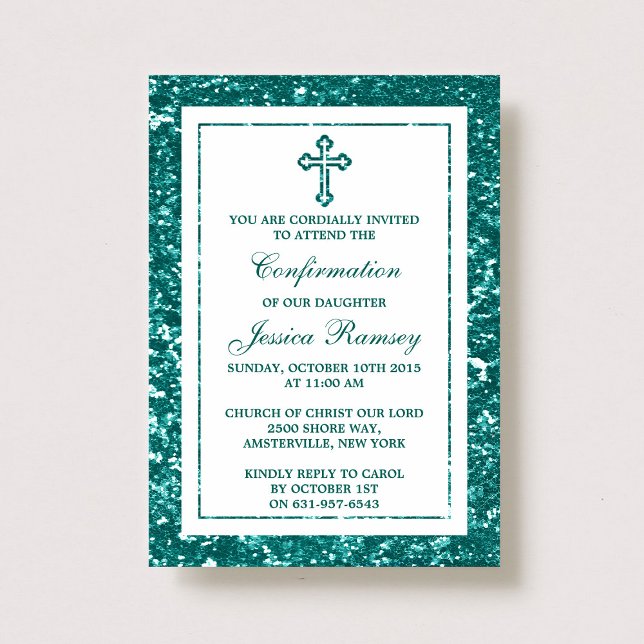 Invitation Turquoise Parties scintillant Croix Sainte Communi (Créateur téléchargé)