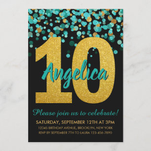 Invitation Turquoise Parties scintillant or Confetti Black 10