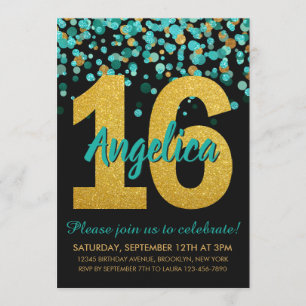Invitation Turquoise Parties scintillant or Confetti Black Sw